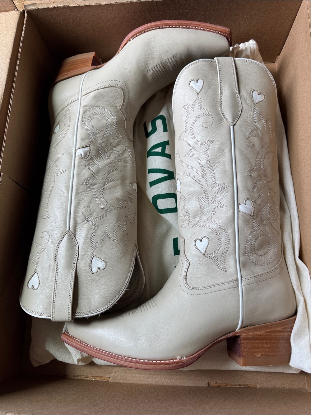 Tecovas Cream Leather Lace-Up Western Boots with Heart Accents
